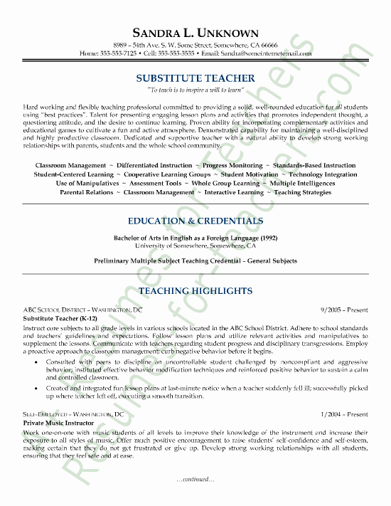 Substitute Teacher Resume Examples F Resume