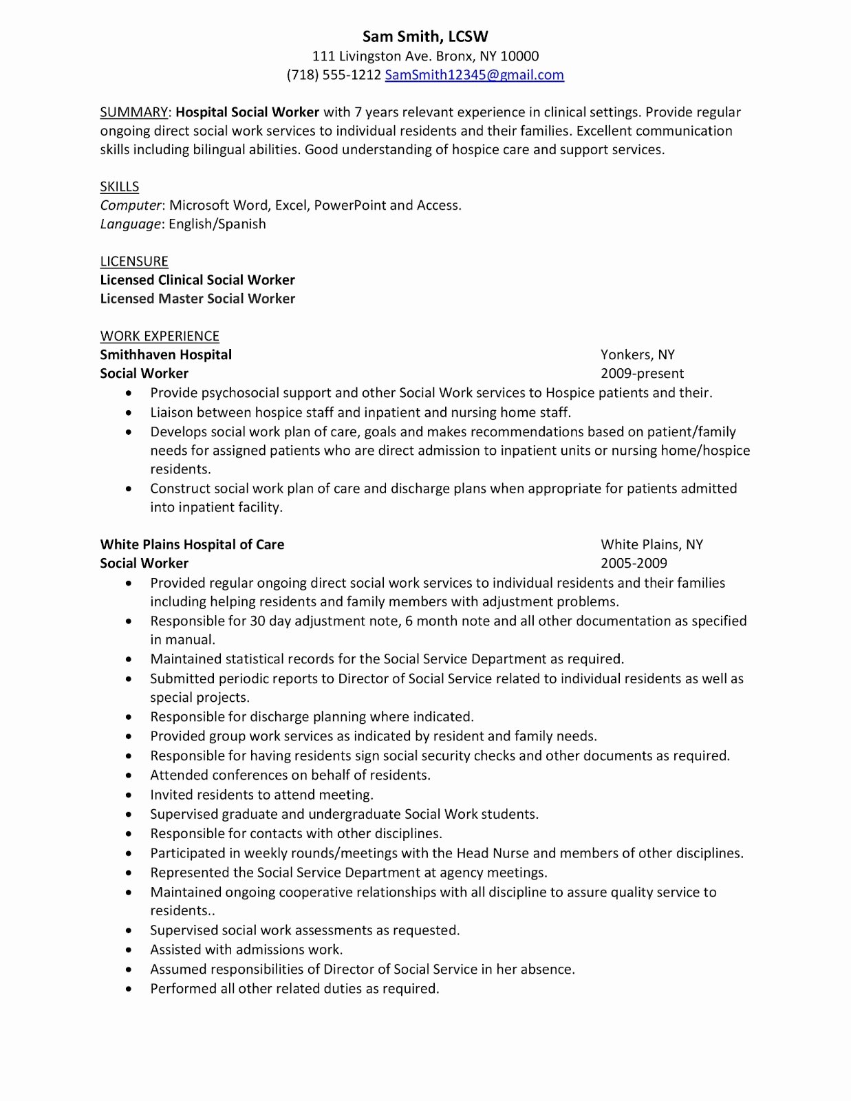 Summary Sample Hospital social Work Resume Examples with