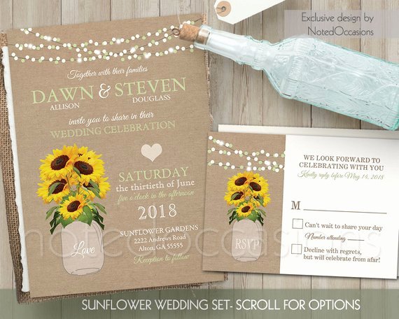 Sunflower Wedding Invitation Set Rustic Wedding by