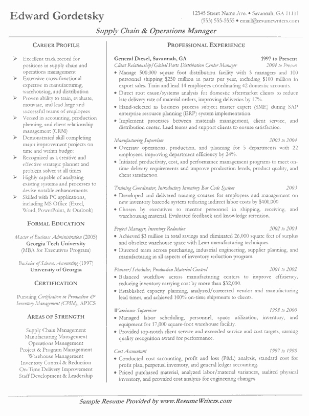 Supply Chain &amp; Operations Manager Resume Sample