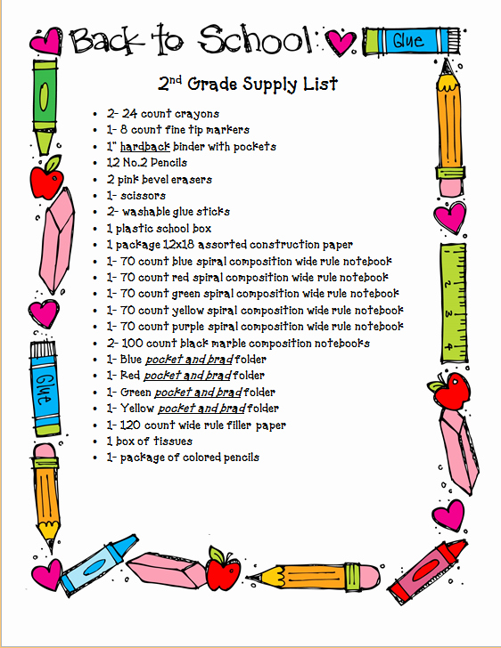 Supply List Nichols 2nd Grade