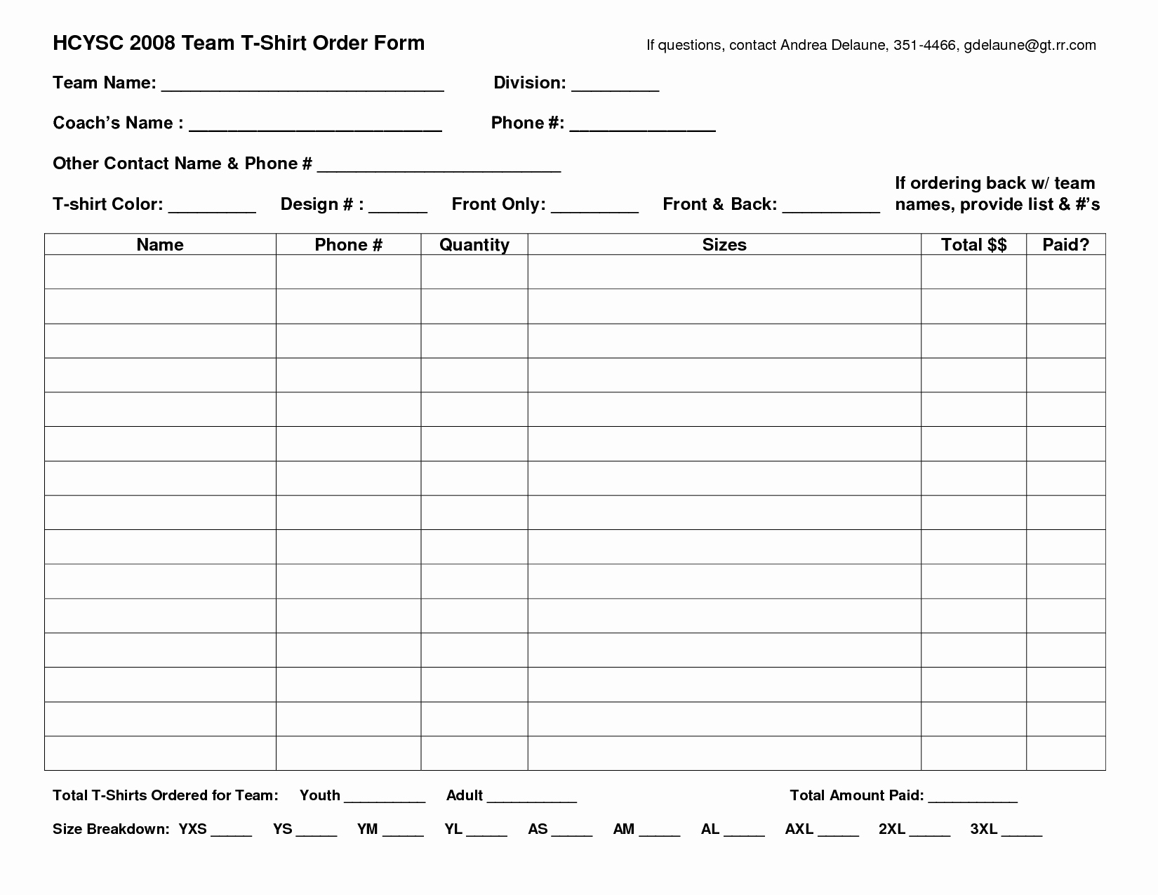 T Shirt order form Template