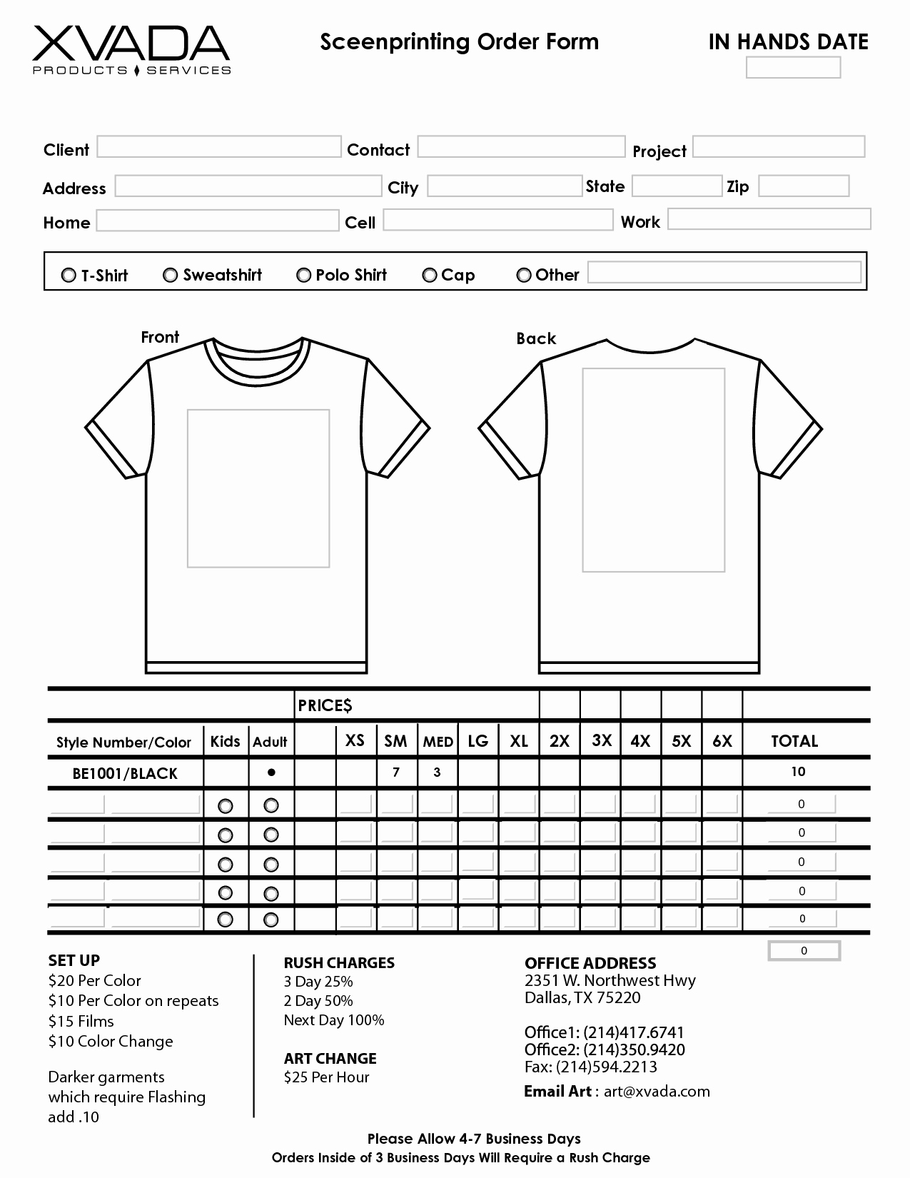 T Shirt order form Template
