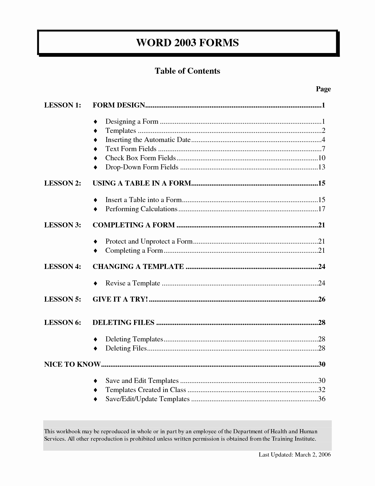 Table Contents Template Word