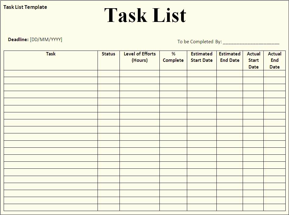 Task List Template Free formats Excel Word