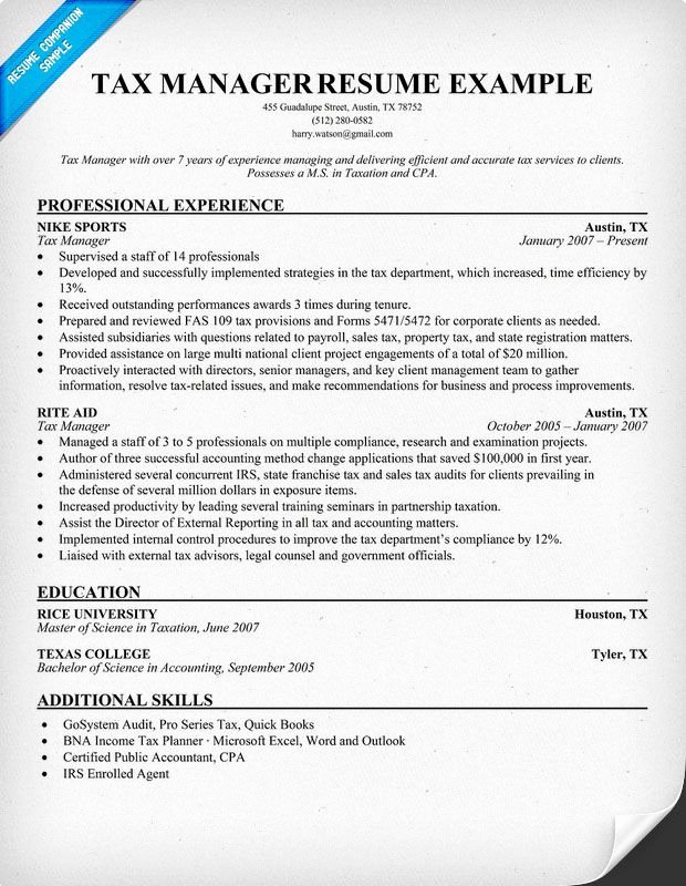 Tax Manager Resume