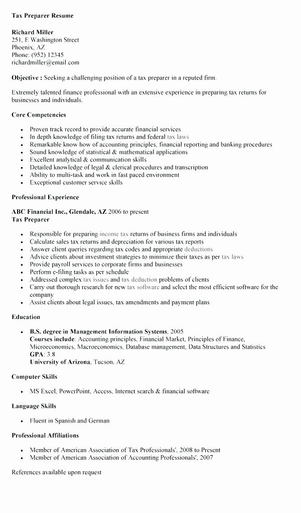 Tax Professional Resume Example Sample for with Food E