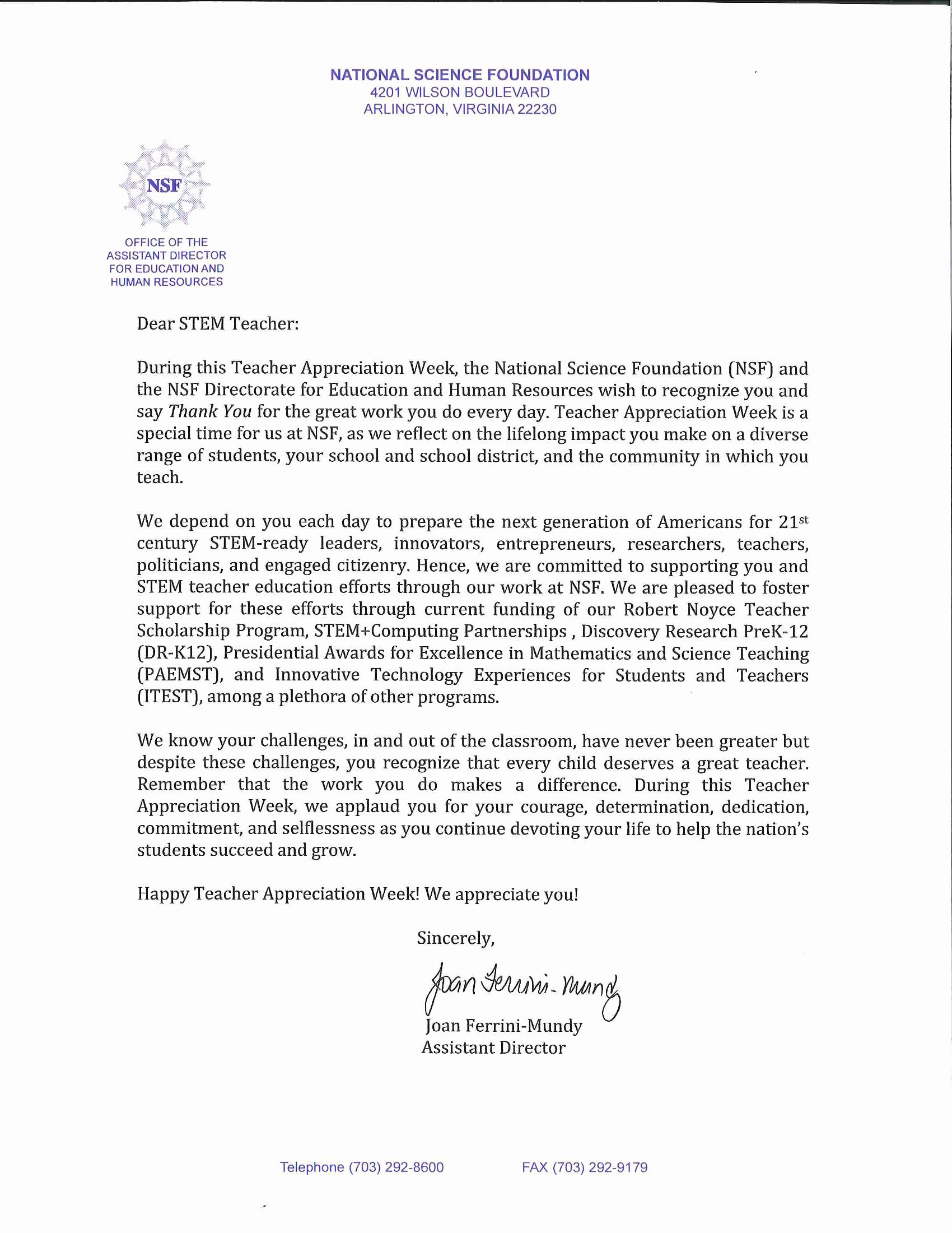Teacher Appreciation Week A Letter From the Nsf Announce