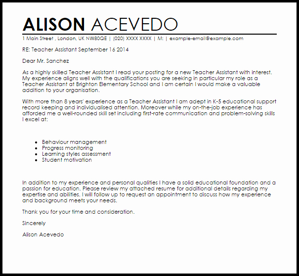 cover letter example teacher assistant