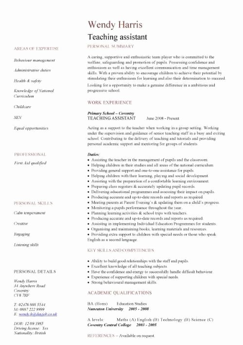 Teacher assistant Resume Example Best Resume Collection