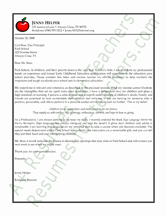 Teacher S Aide Cover Letter Example
