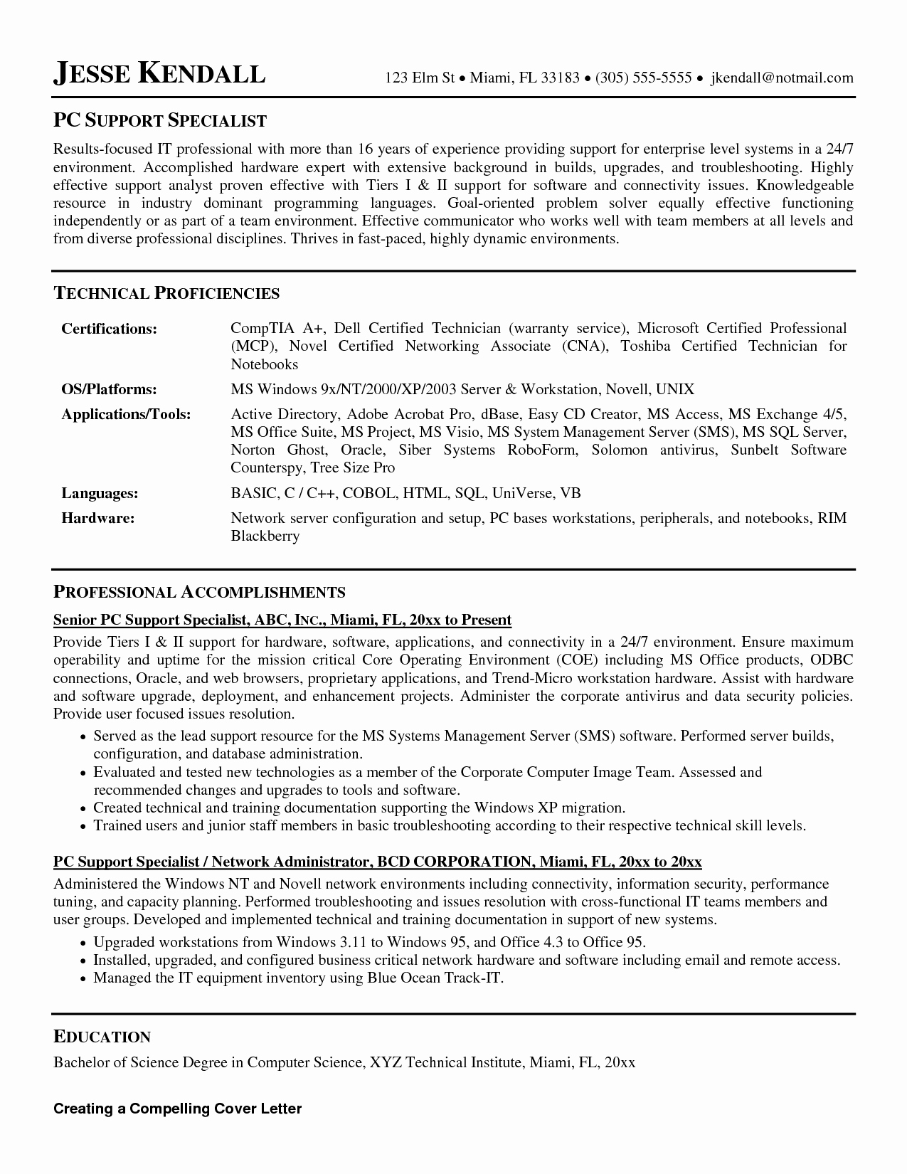 Technical Support Specialist Resume Sample