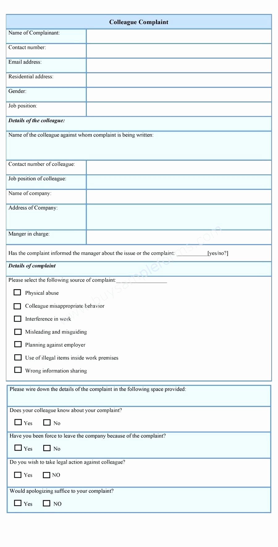 Template Employee Plaint form Template Legal Sample