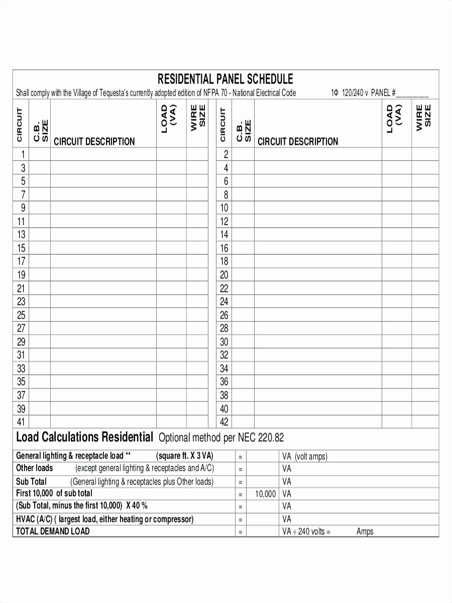 Template Panel Schedule Template Residential Construction