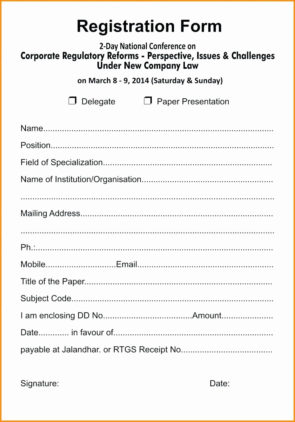 Template Registration form Word Template