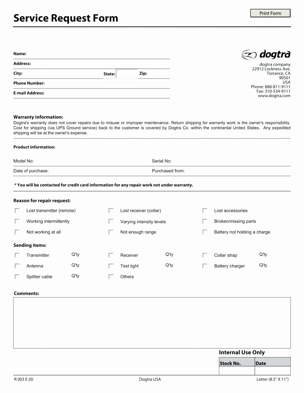 Template Service Request form Template
