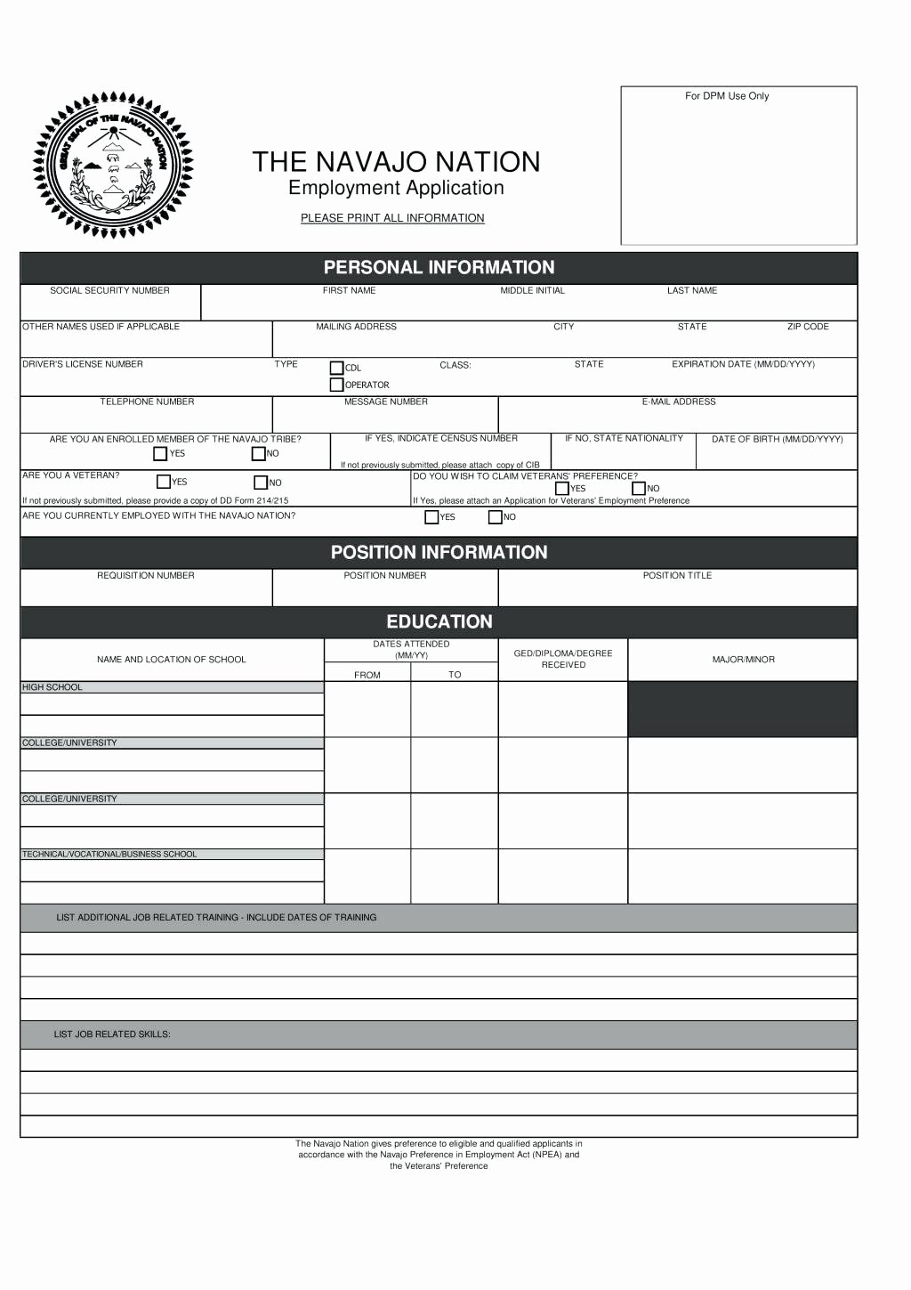 standard job application form template