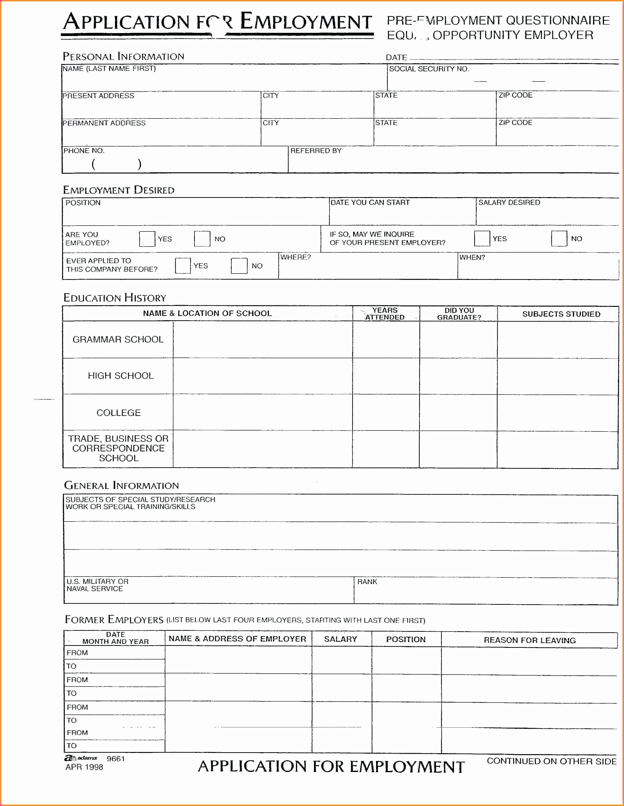 Template Standard Job Application form Template
