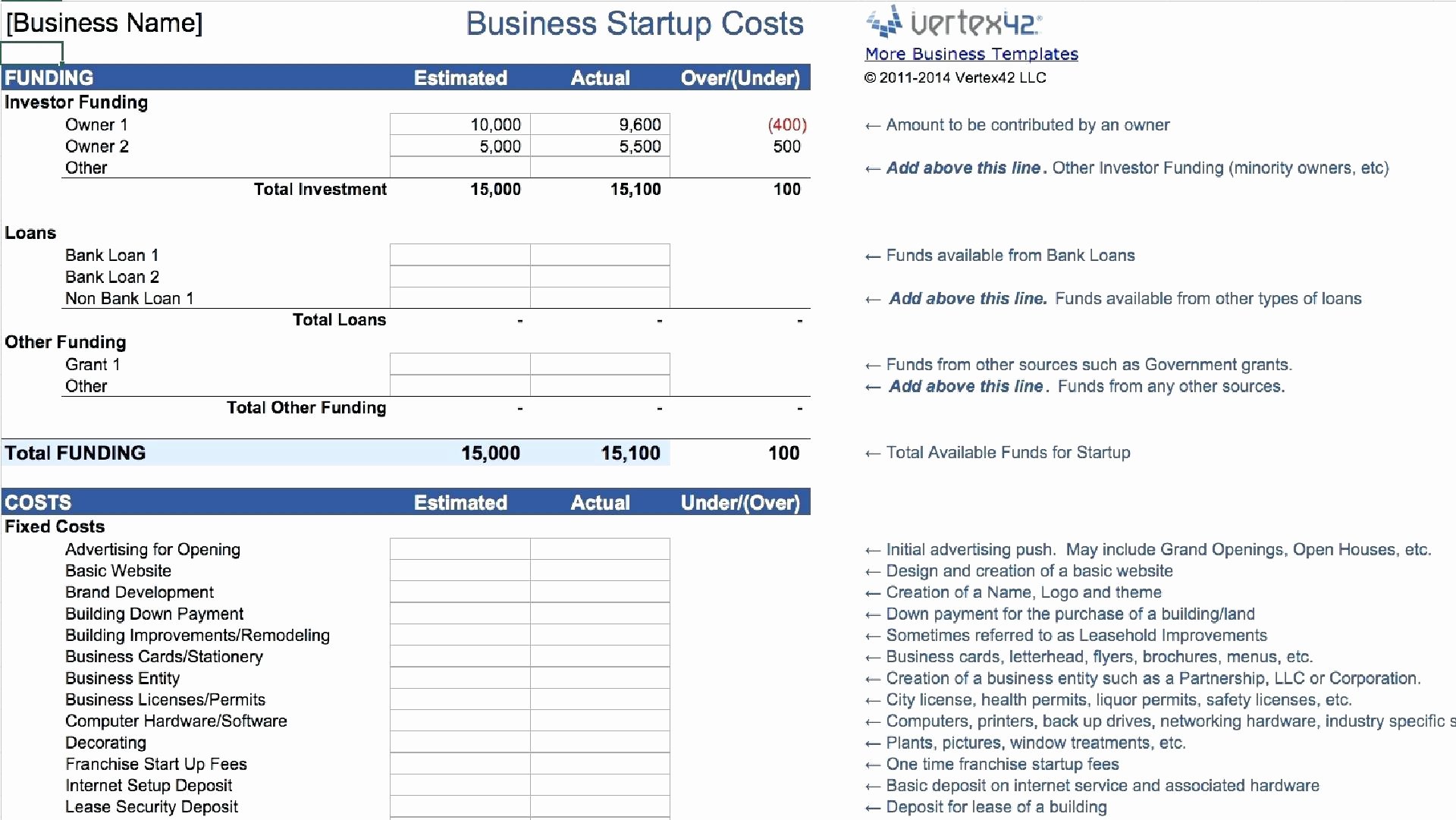Template Start Up Expenses Template