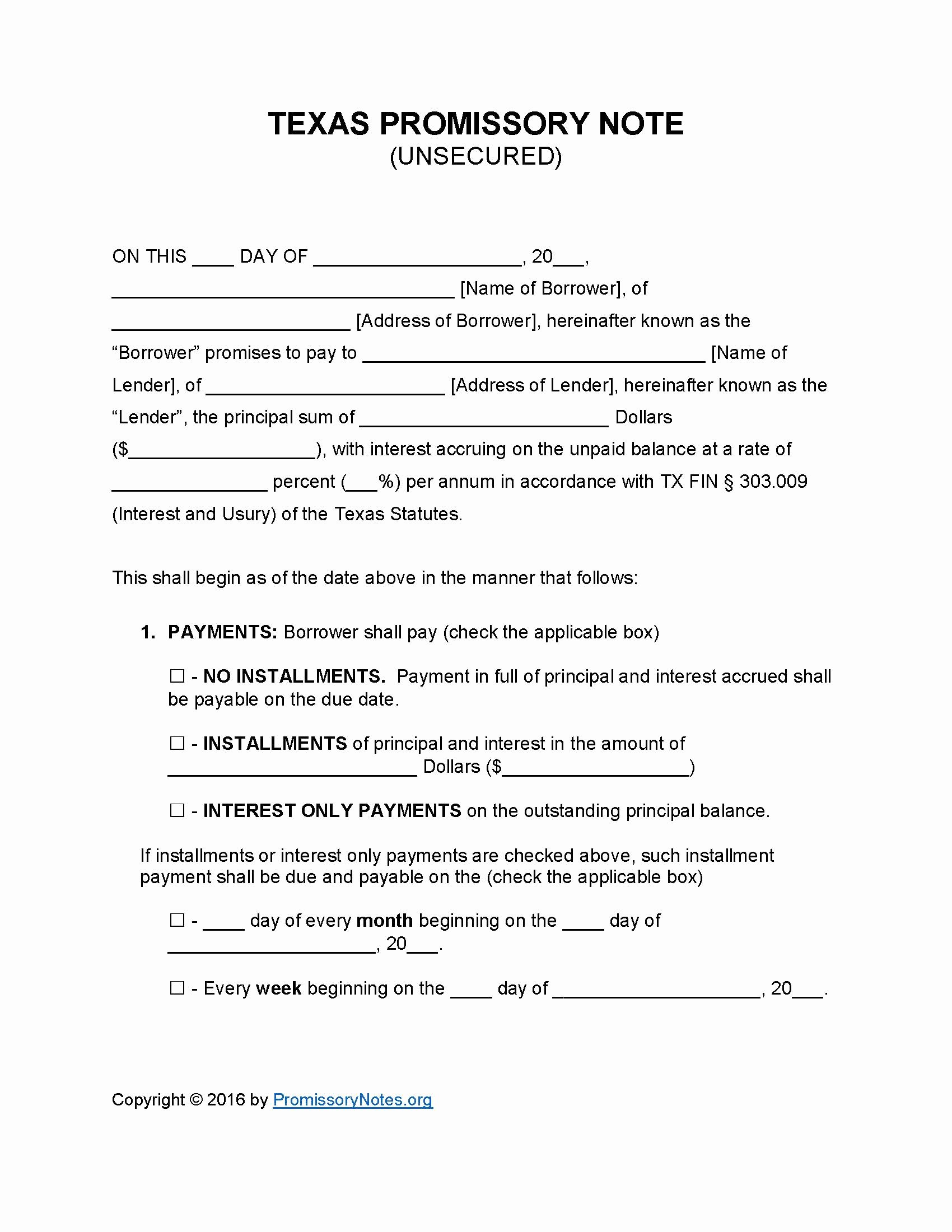 Texas Unsecured Promissory Note Template Promissory