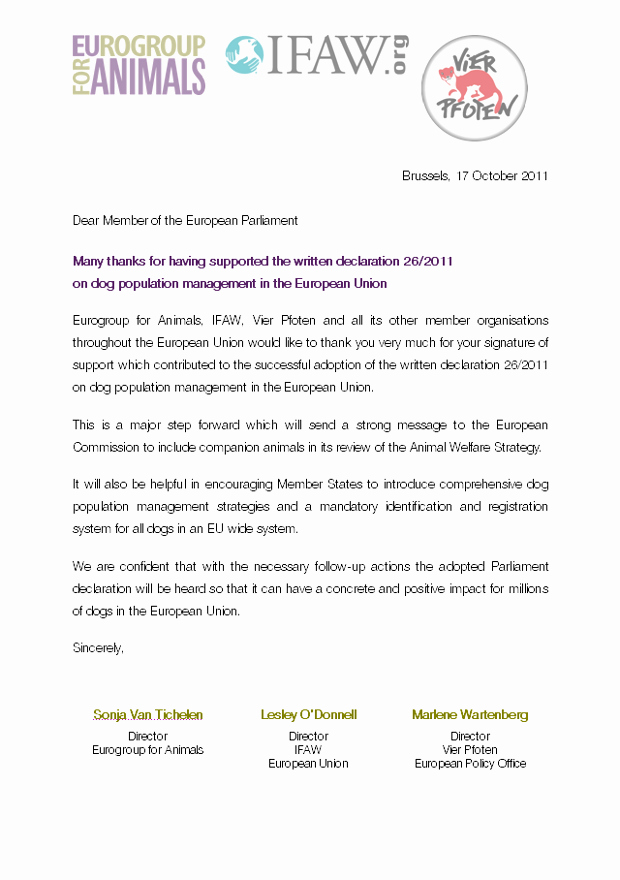 Thank You Letter to Meps who Supported the Written