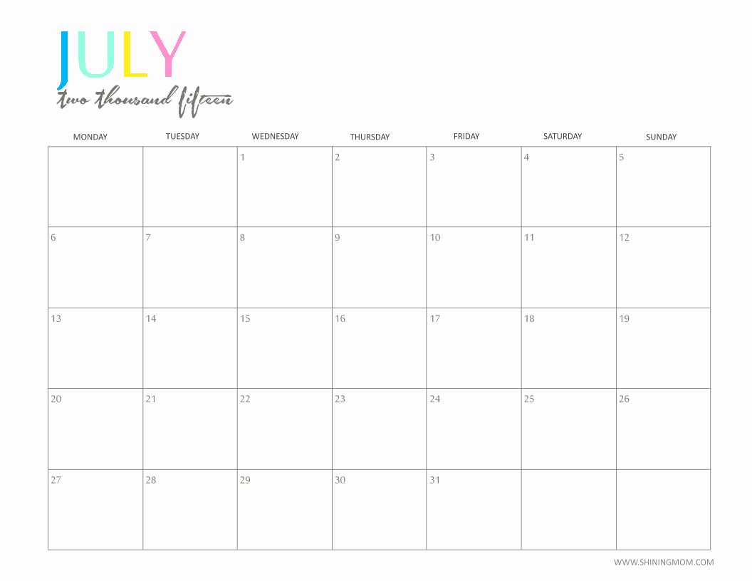 The Printable 2015 Monthly Calendar by Shiningmom is Here