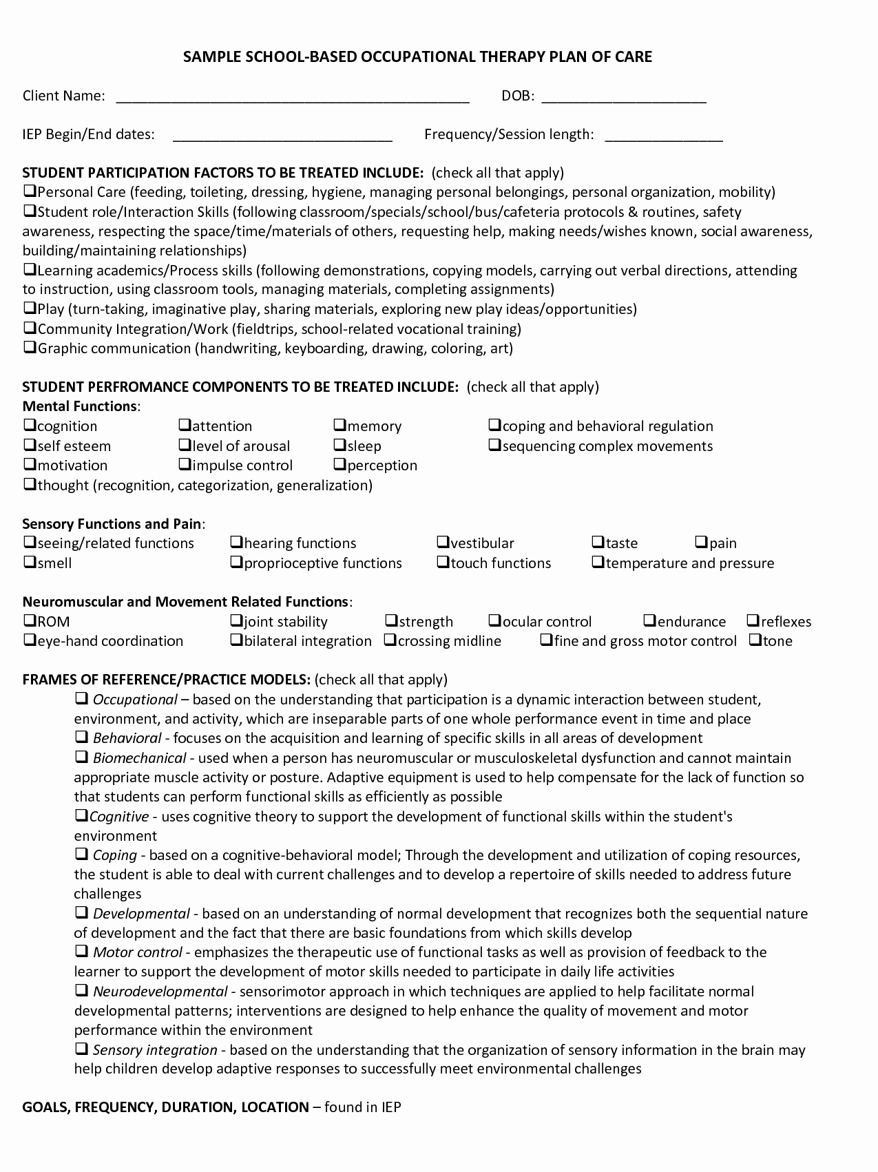 Therapy Treatment Plan Template