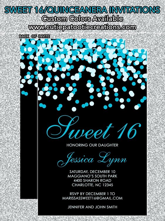 Tiffany Blue &amp; Black Confetti Sweet 16 Invitations