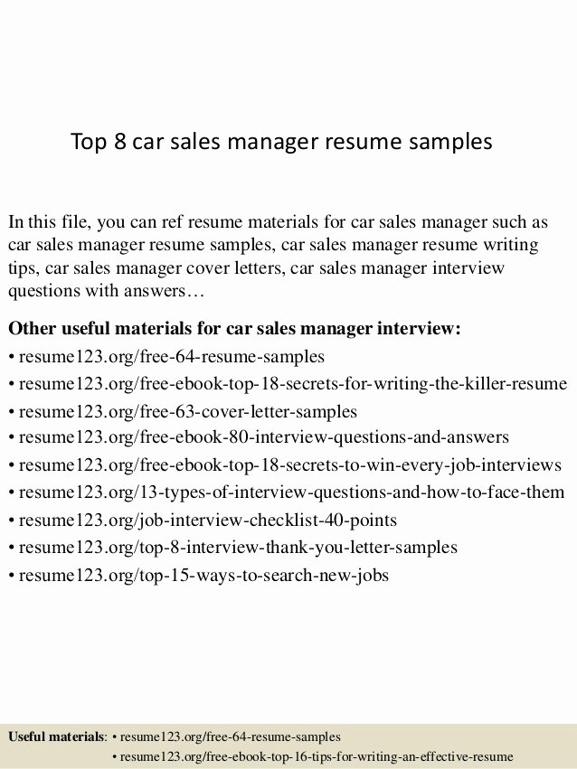 Top 8 Car Sales Manager Resume Samples