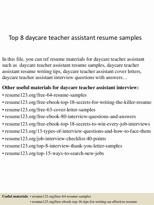 Top 8 Daycare Teacher assistant Resume Samples