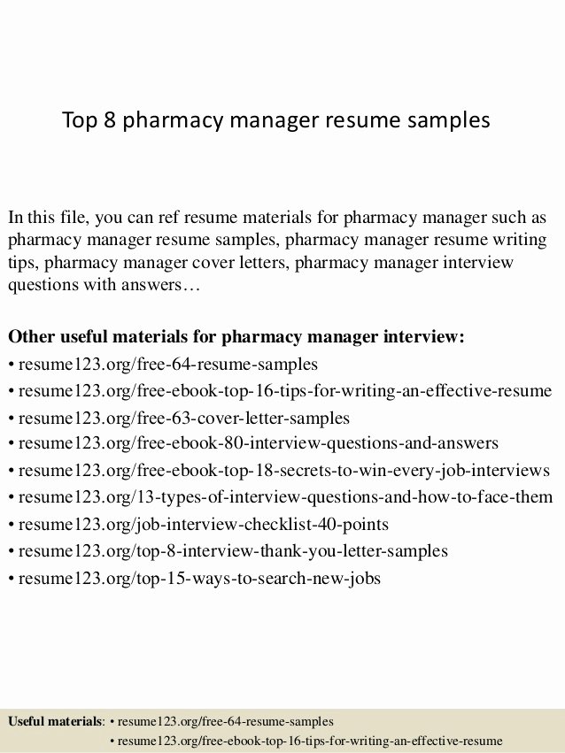 Top 8 Pharmacy Manager Resume Samples