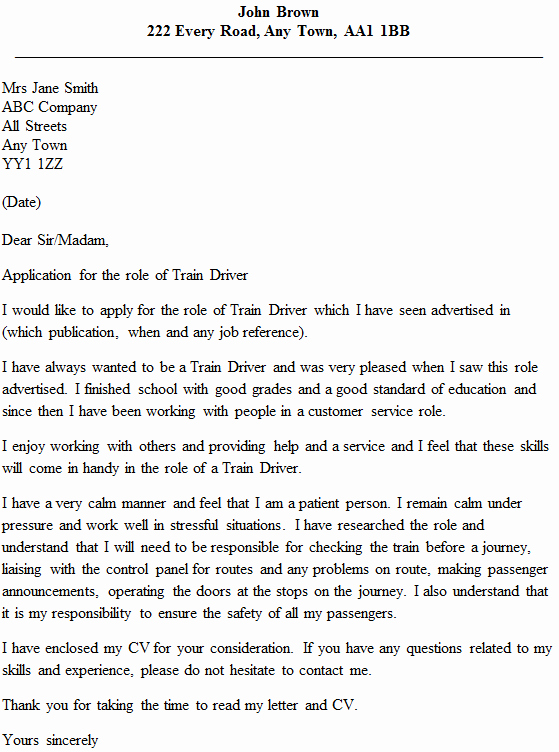 Train Driver Cover Letter Example Icover