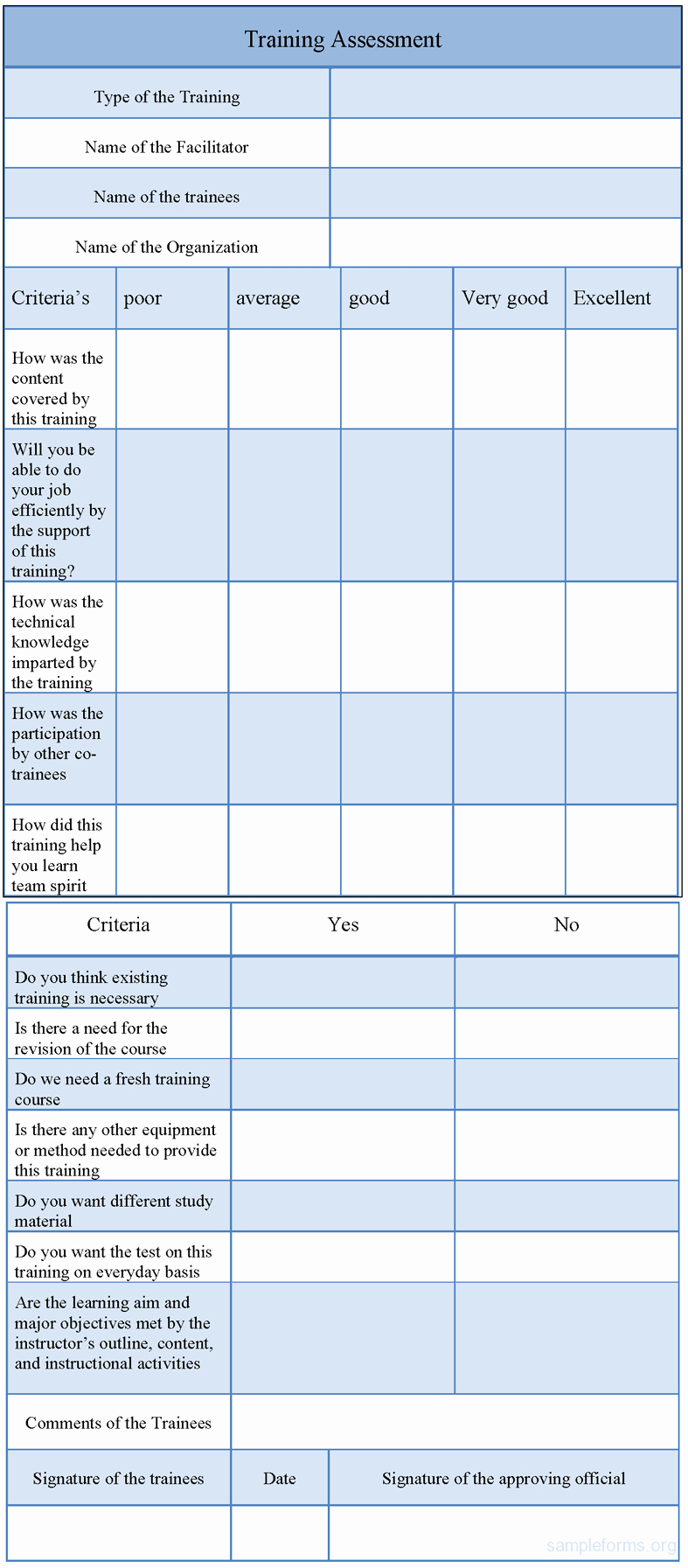 Training assessment form Sample forms