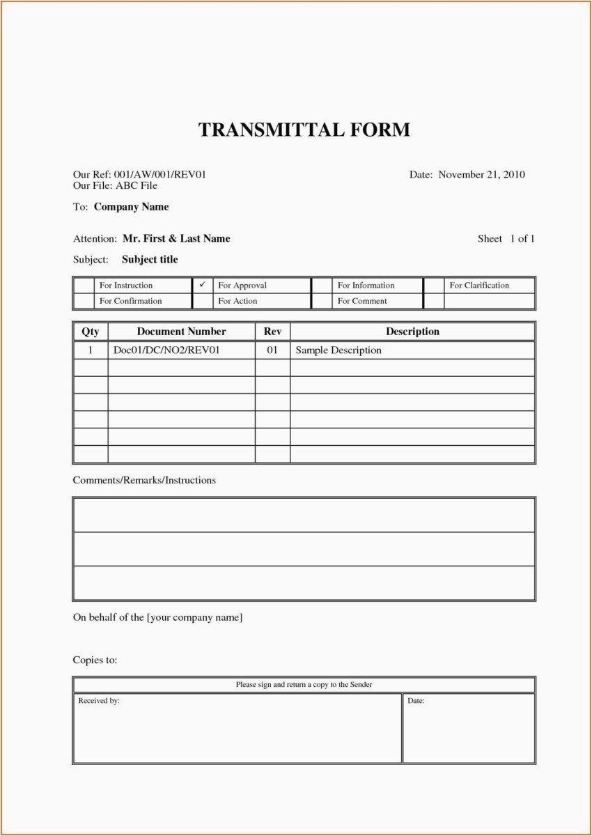 Transmittal form Sample Template New Construction