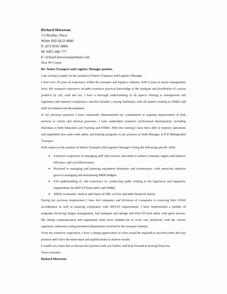Transport and Logistics Manager Cover Letter Samples and