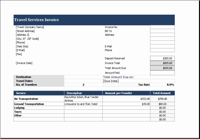 Travel Service Invoice Template for Excel