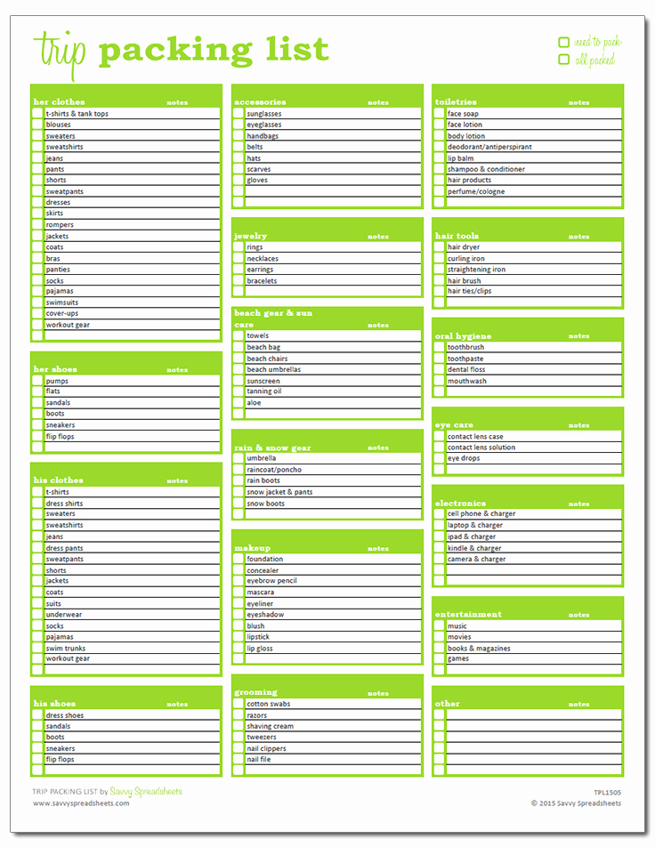 Trip Packing List Excel Template Savvy Spreadsheets