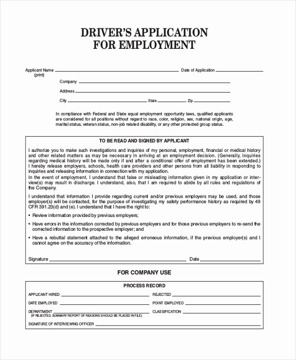 Truck Driver Employment Application form Template