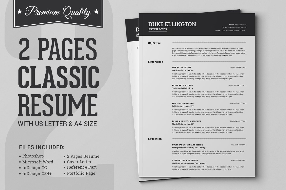 Two Pages Classic Resume Cv Template Resume Templates On