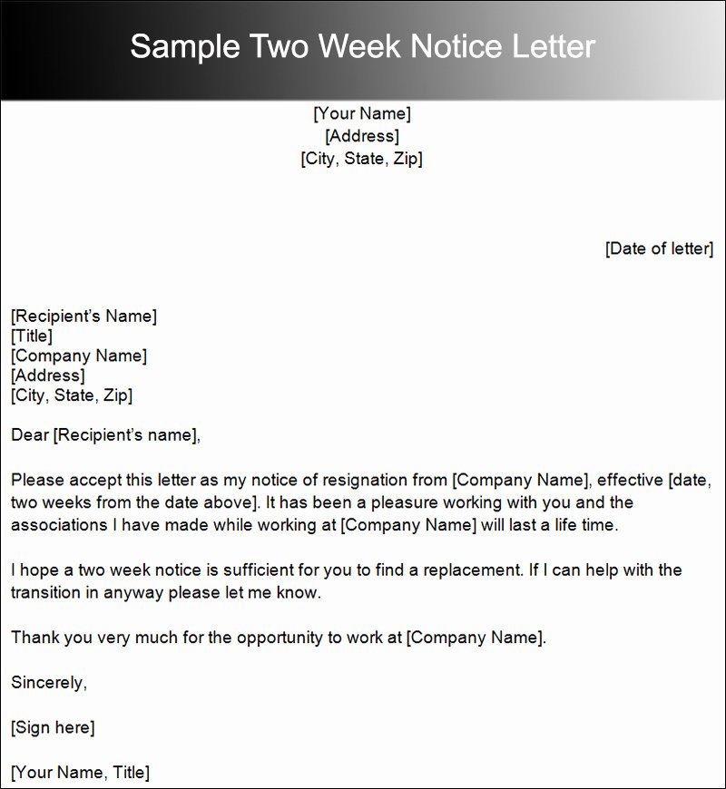Two Weeks Notice Letter Template