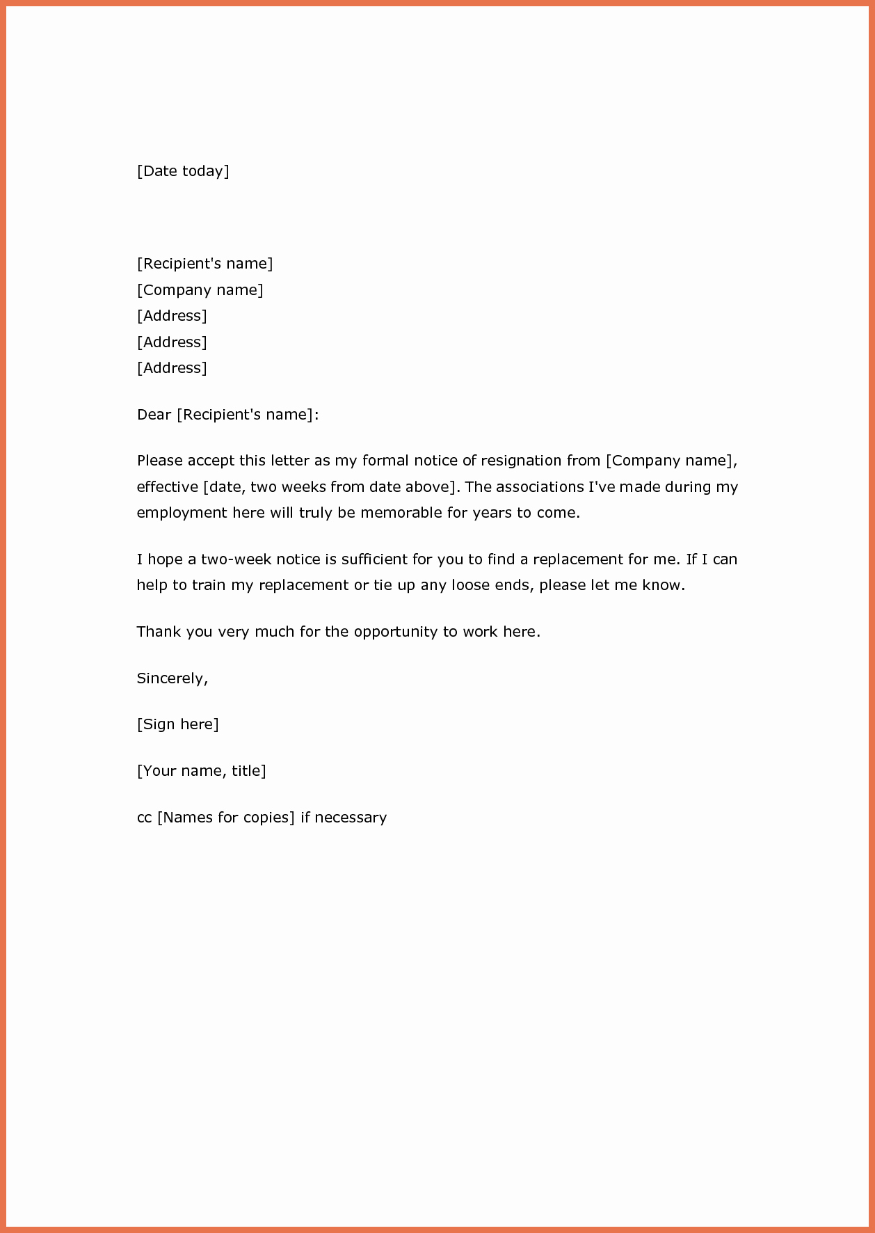 Two Weeks’ Notice Resignation Letter Samples