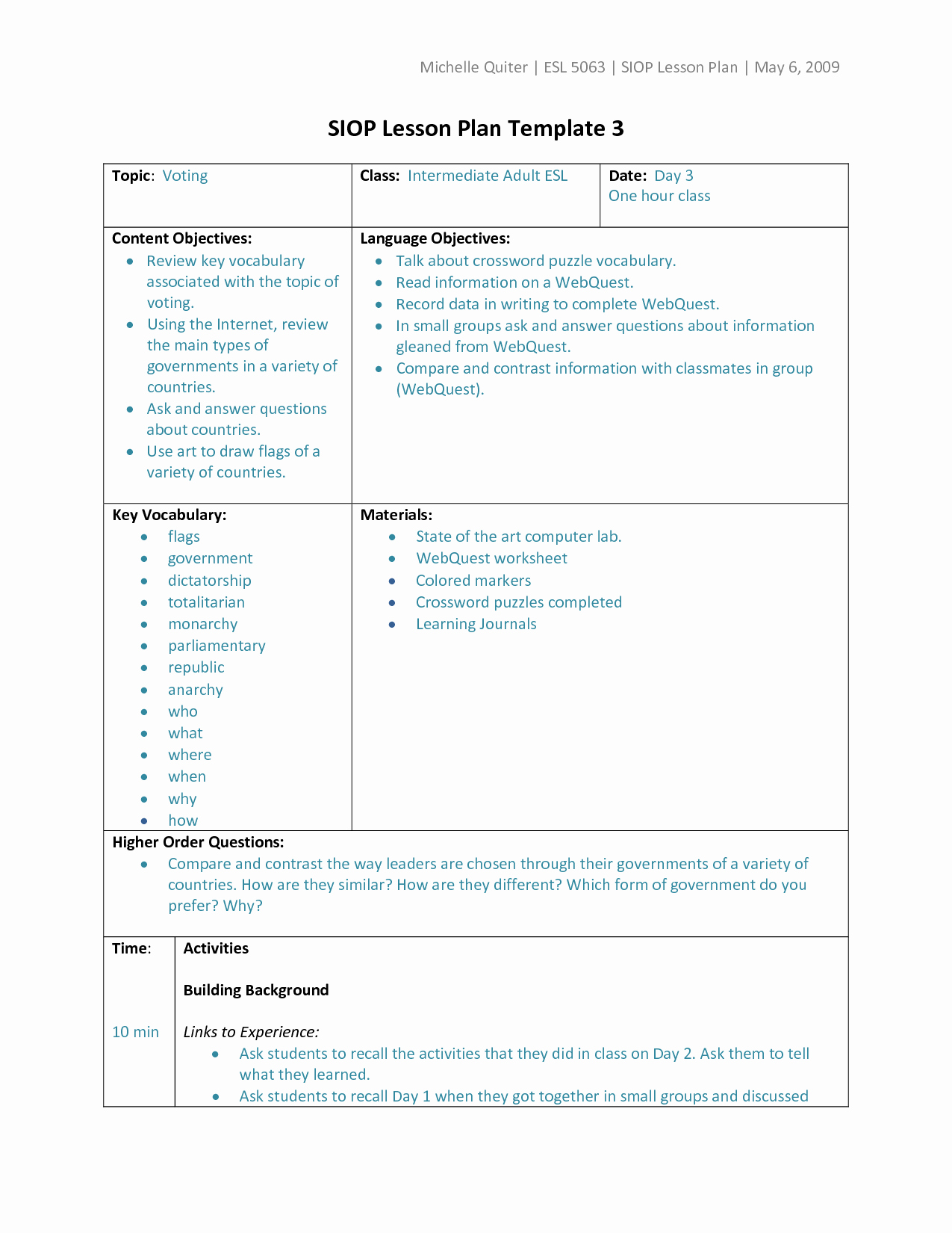Types Of Lesson Plan Templates