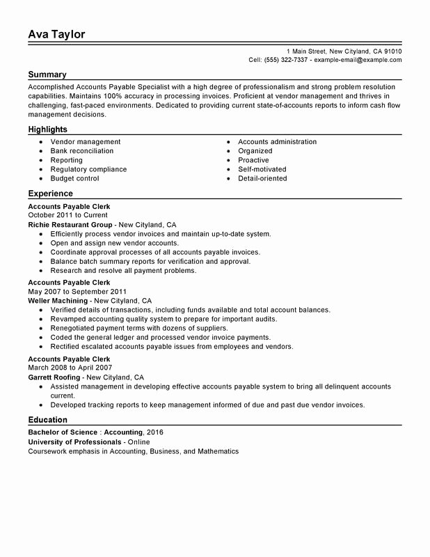 Unfor Table Accounts Payable Specialist Resume Examples