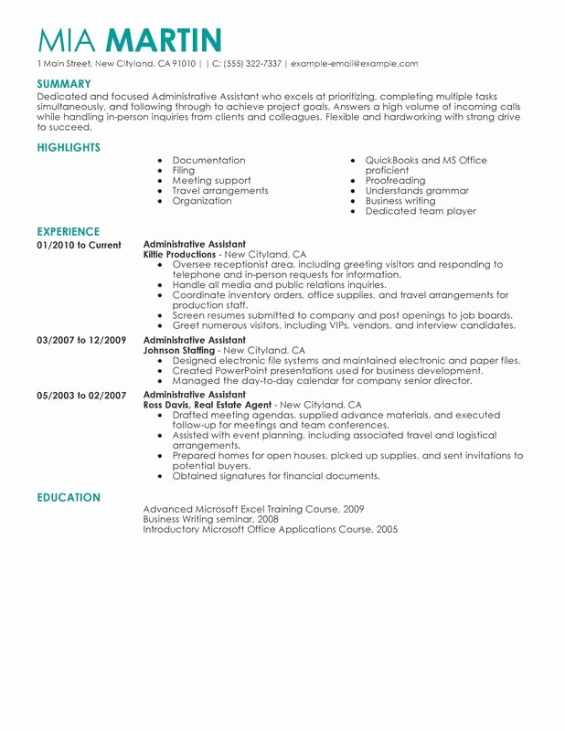 Unfor Table Administrative assistant Resume Examples to