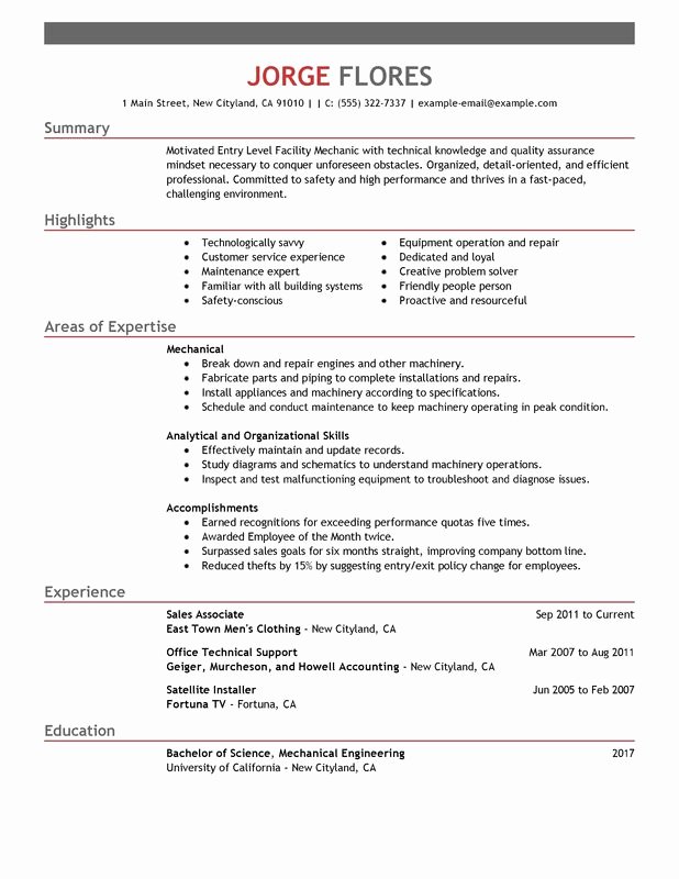 Unfor Table Entry Level Mechanic Resume Examples to