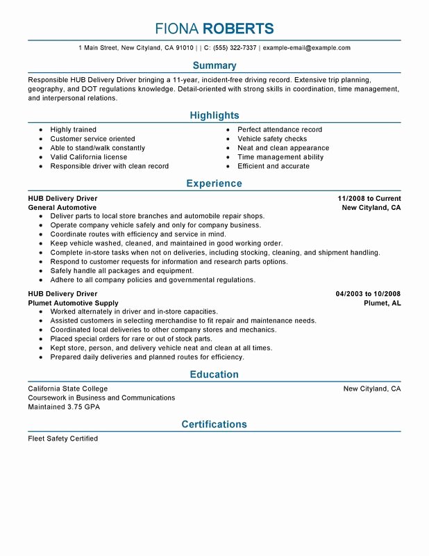Unfor Table Hub Delivery Driver Resume Examples to Stand
