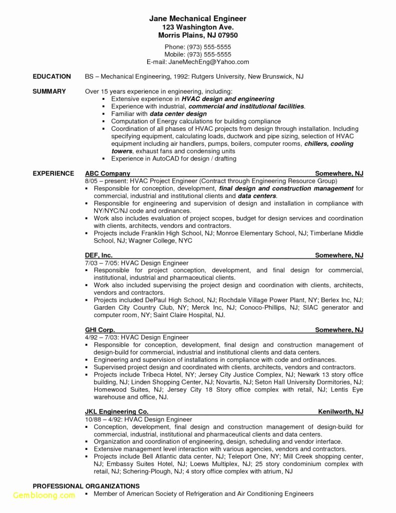 Unfor Table Hvac and Refrigeration Resume Examples to