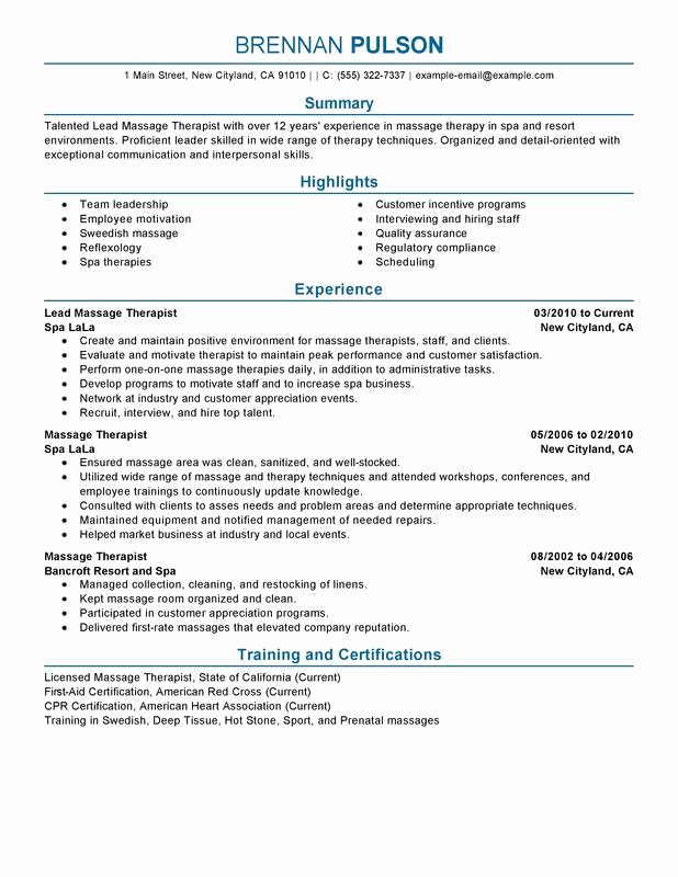 Unfor Table Lead Massage therapist Resume Examples to