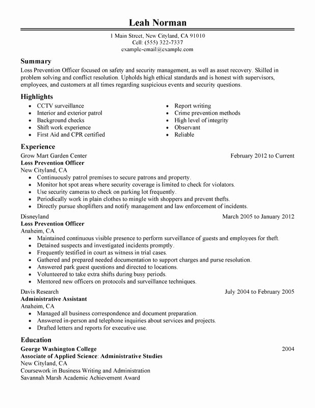 Unfor Table Loss Prevention Ficer Resume Examples to