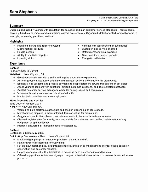 Unfor Table Part Time Cashiers Resume Examples to Stand